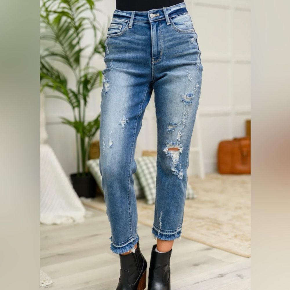 DISTRESSED CROPPED WIDE LEG ANKLE HEM JEANS BY JUDY BLUE JB82436 SIZE 11/30